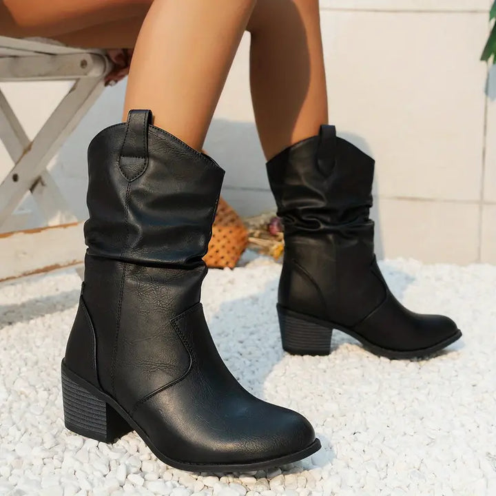 Tamsin | Ladies Slouch Block Heel Mid Calf Cowboy Boots