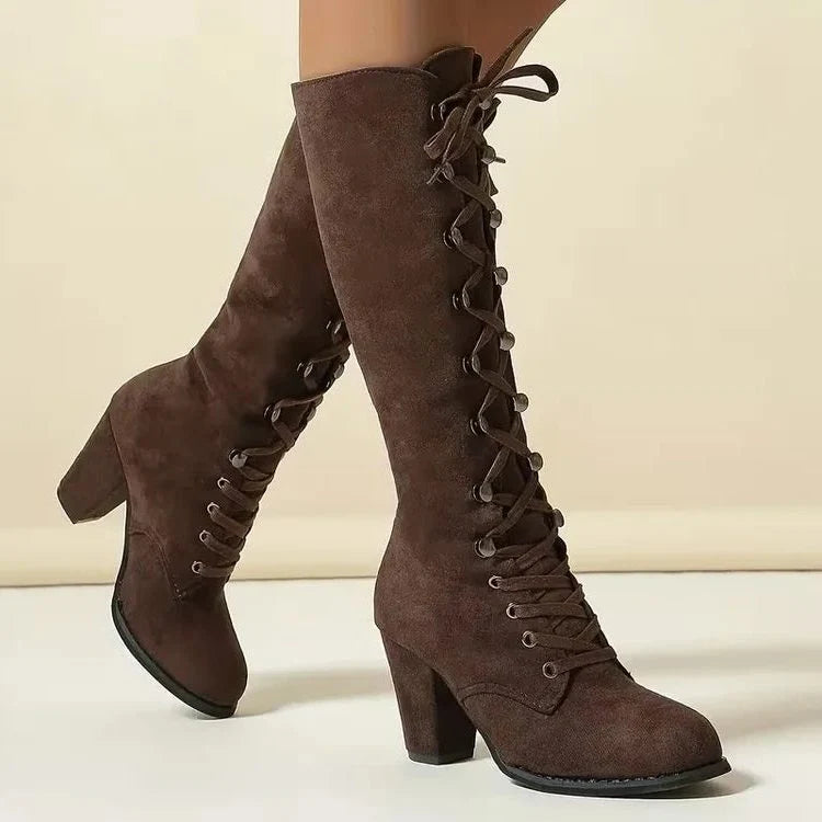 Tessa | Women's Block Heel Knee High Lace Up Boots