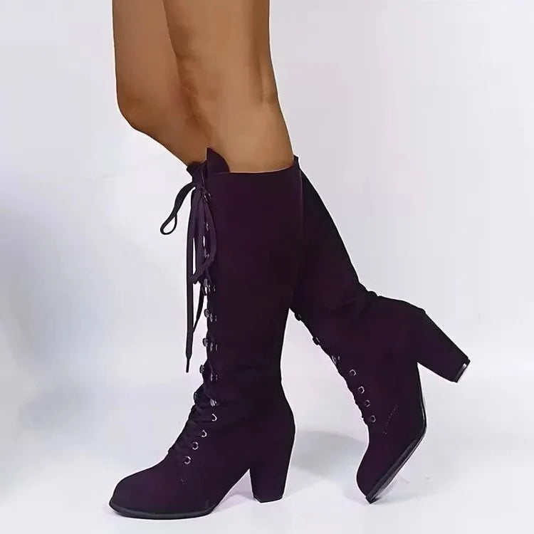 Tessa | Women's Block Heel Knee High Lace Up Boots