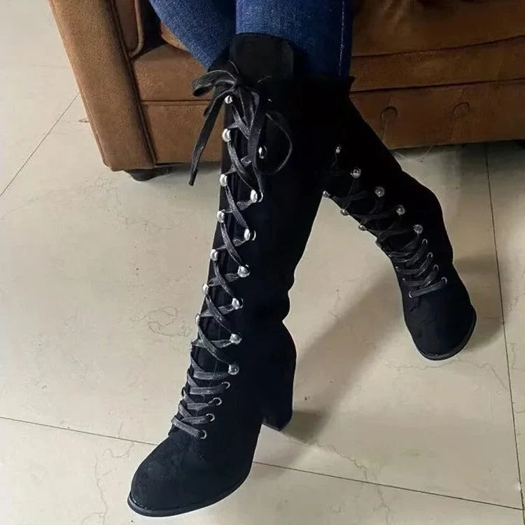 Tessa | Women's Block Heel Knee High Lace Up Boots