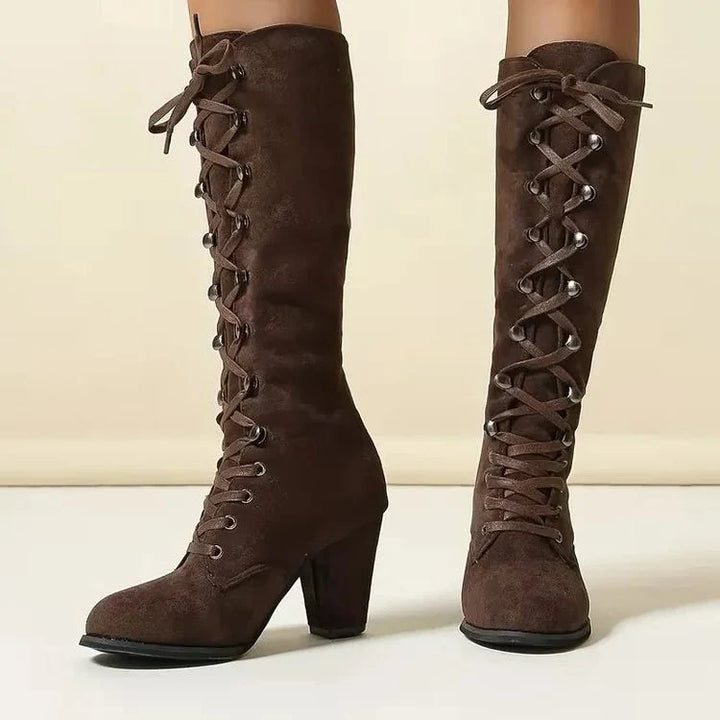 Tessa | Women's Block Heel Knee High Lace Up Boots