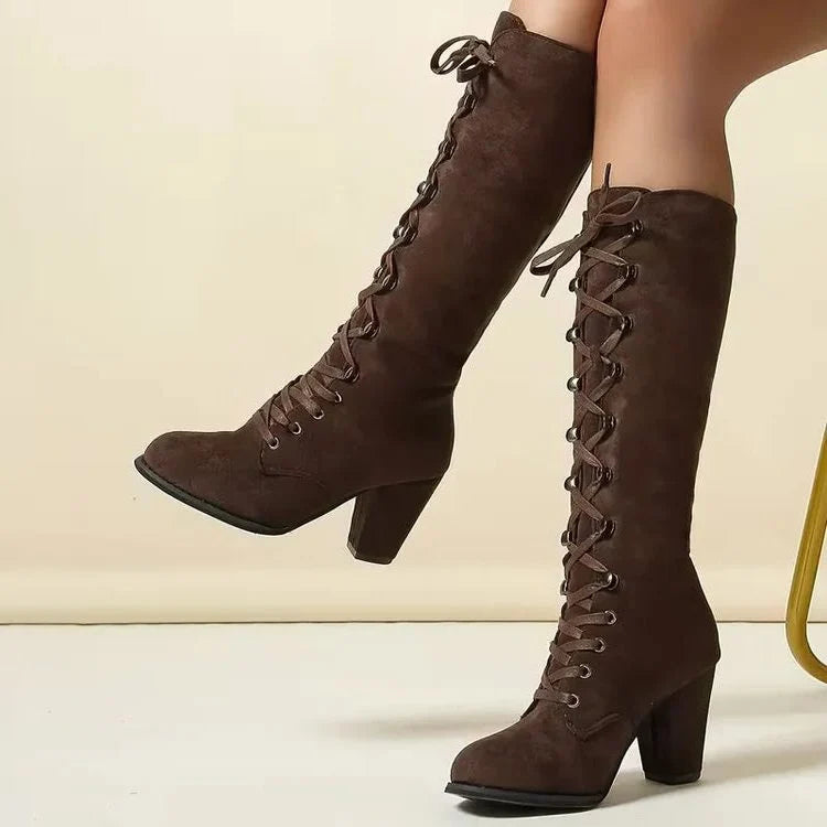 Tessa | Women's Block Heel Knee High Lace Up Boots