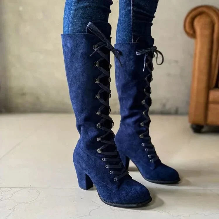 Tessa | Women's Block Heel Knee High Lace Up Boots