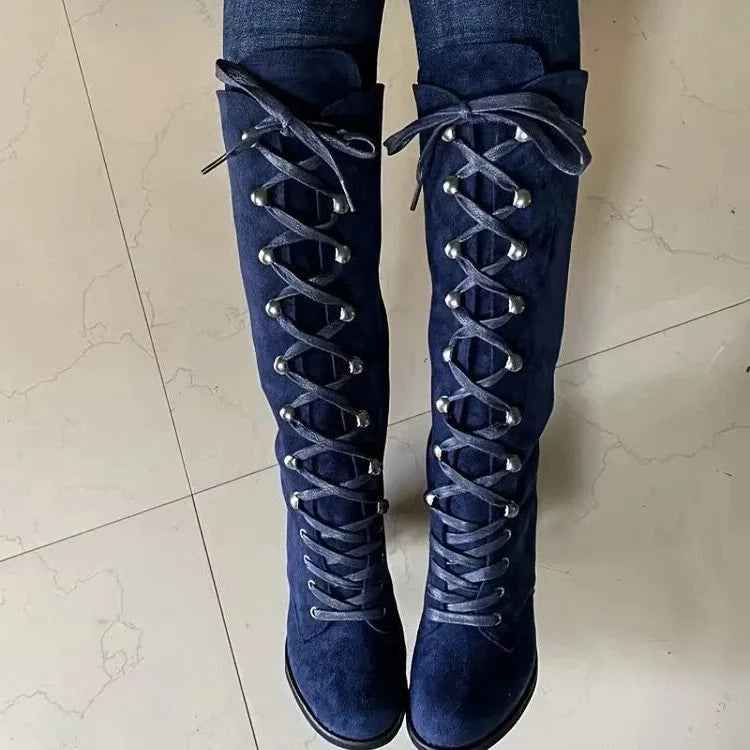 Tessa | Women's Block Heel Knee High Lace Up Boots