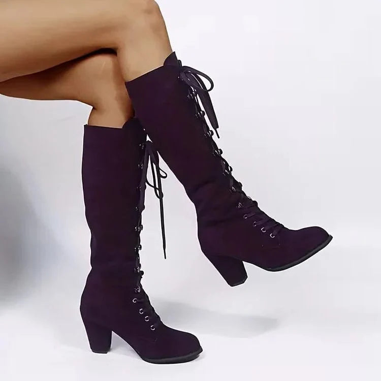 Tessa | Women's Block Heel Knee High Lace Up Boots