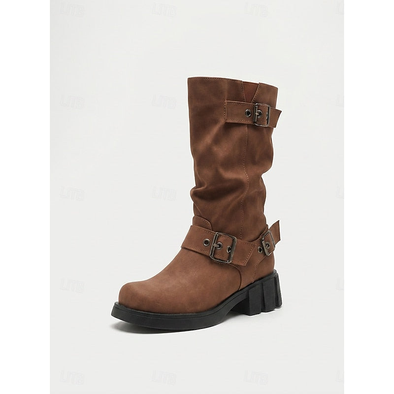 Sylvia | Buckle-Detail Mid-Calf Biker Boots
