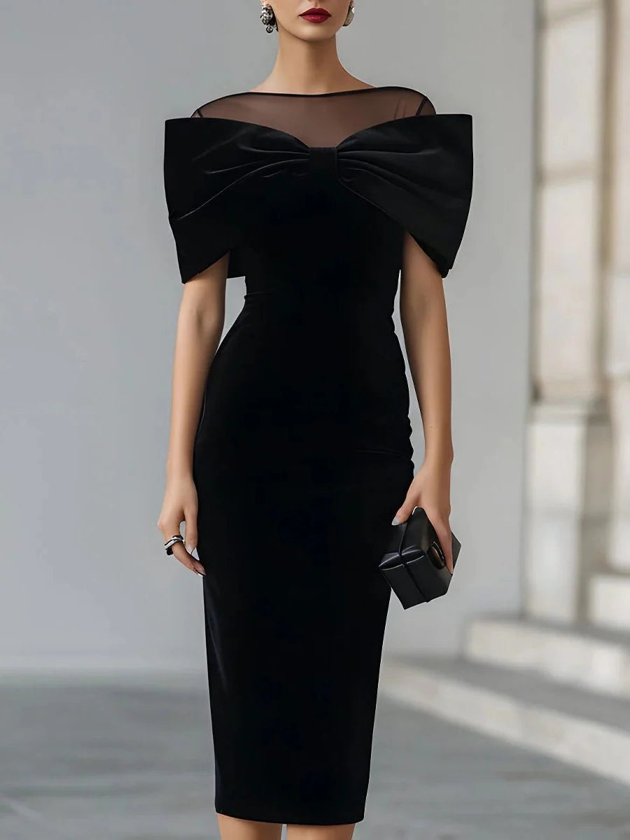 Vivian | Women's Black Mesh Yoke Bodycon Midi Bow Dress