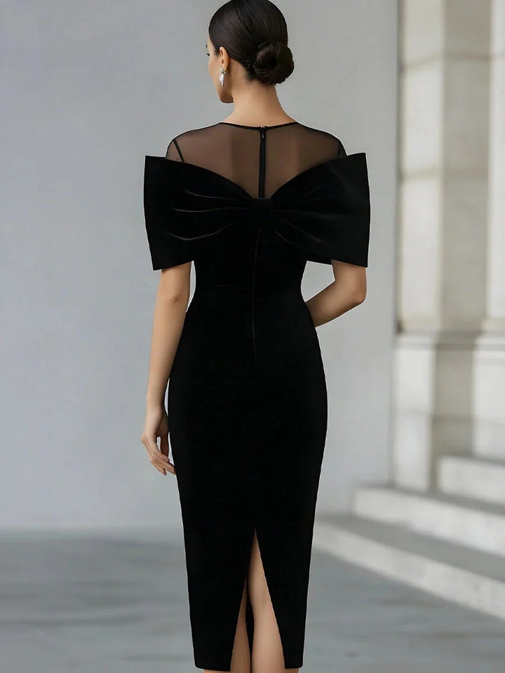 Vivian | Women's Black Mesh Yoke Bodycon Midi Bow Dress