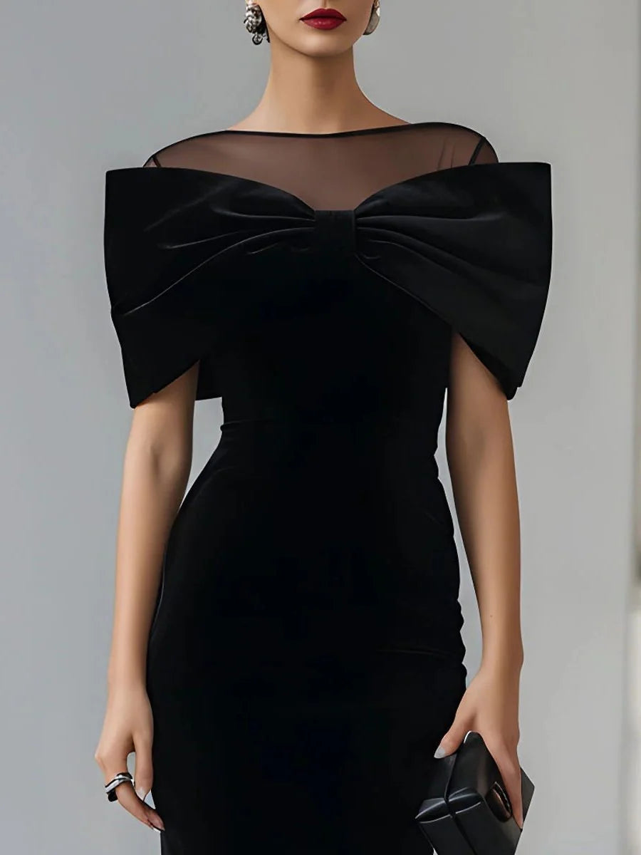 Vivian | Women's Black Mesh Yoke Bodycon Midi Bow Dress