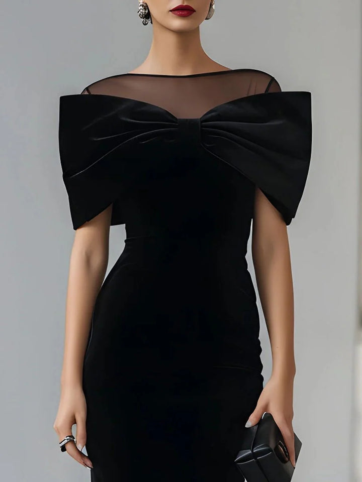 Vivian | Women's Black Mesh Yoke Bodycon Midi Bow Dress