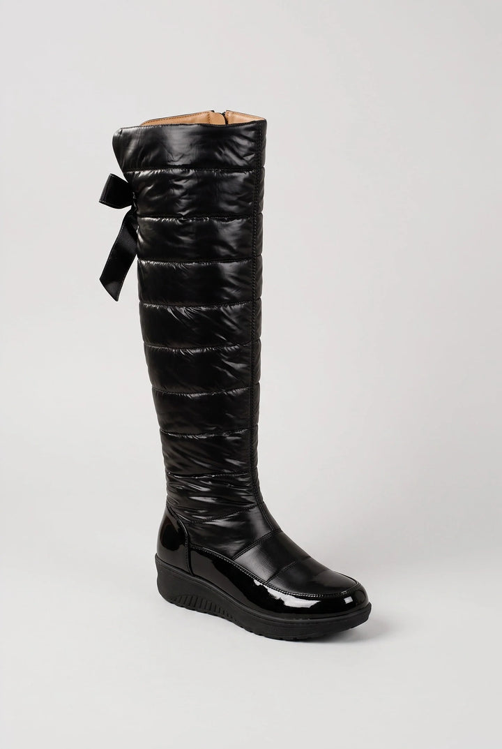 Wilma | Women's Quilted Bow Back Flat Knee High Boots