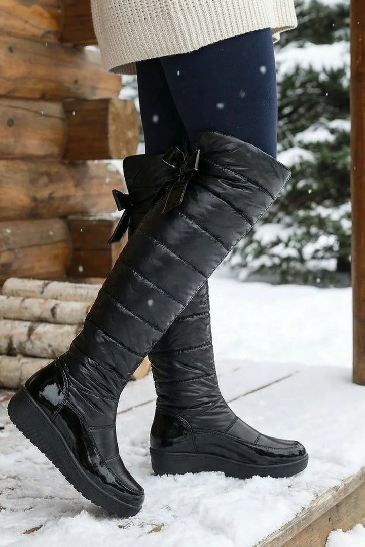 Wilma | Women's Quilted Bow Back Flat Knee High Boots